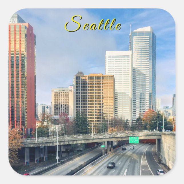 Seattle Skyline with Highway Square Sticker (Front)