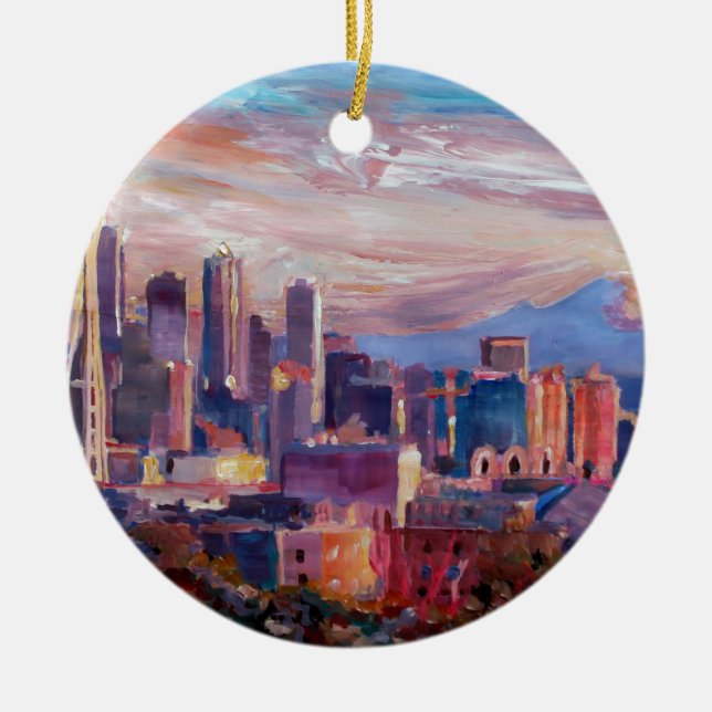 Seattle Skyline With Space Needle And Mt Rainier Ceramic Ornament (Front)