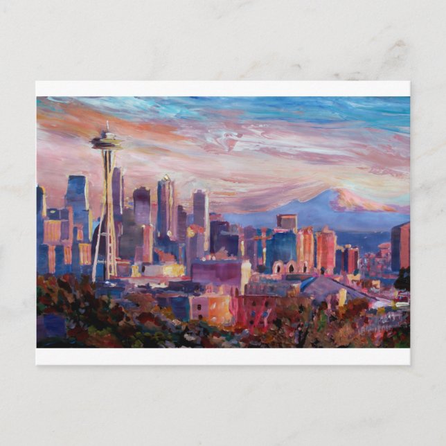 Seattle Skyline With Space Needle And Mt Rainier Postcard (Front)