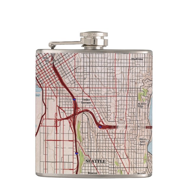Seattle Topographic City Map Hip Flask (Front)
