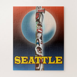 Seattle Totem pole travel poster print Jigsaw Puzzle