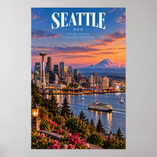Seattle USA Space Needle and Mount Rainier Travel Poster