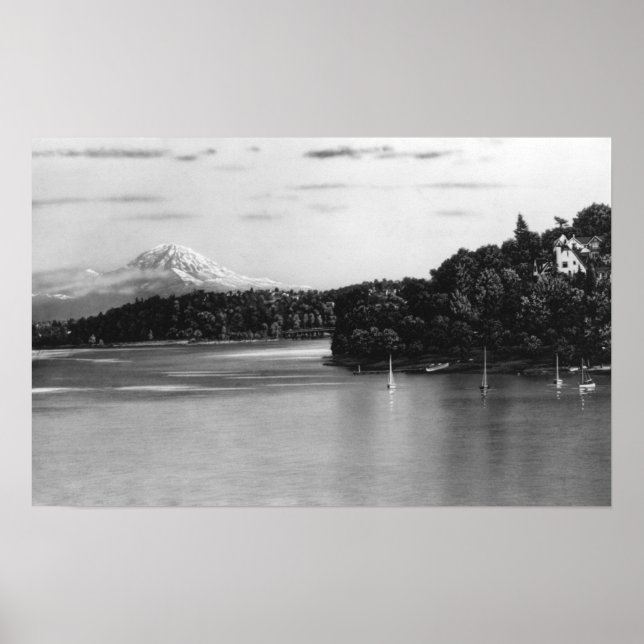 Seattle, WA Lake Washington View and Rainier Poster (Front)