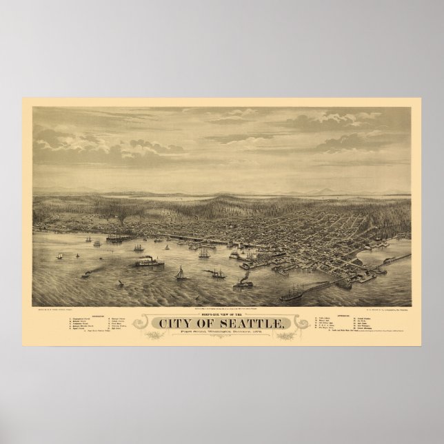Seattle, WA Panoramic Map - 1878 Poster (Front)