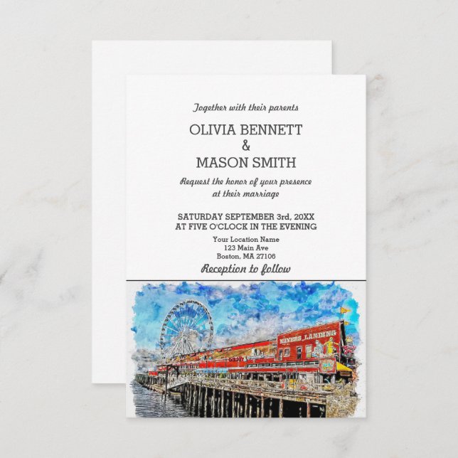 Seattle Wa Skyline Cityscape Wedding Invitation (Front/Back)