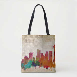 Seattle, WA   Watercolor City Skyline Tote Bag