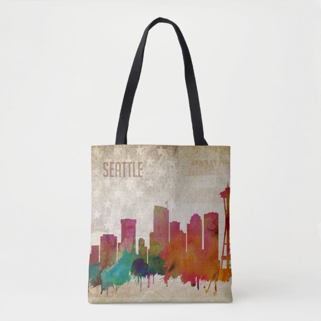 Seattle, WA | Watercolor City Skyline Tote Bag (Front)