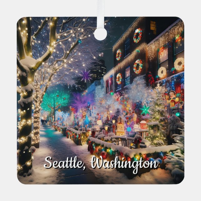 Seattle, Washington at Christmas Time Metal Ornament (Front)