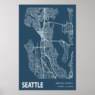 Seattle Washington Blueprint City Map Vintage Poster