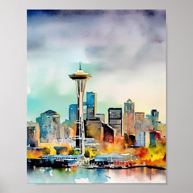 Seattle Washington City Skyline watercolor Poster (Front)