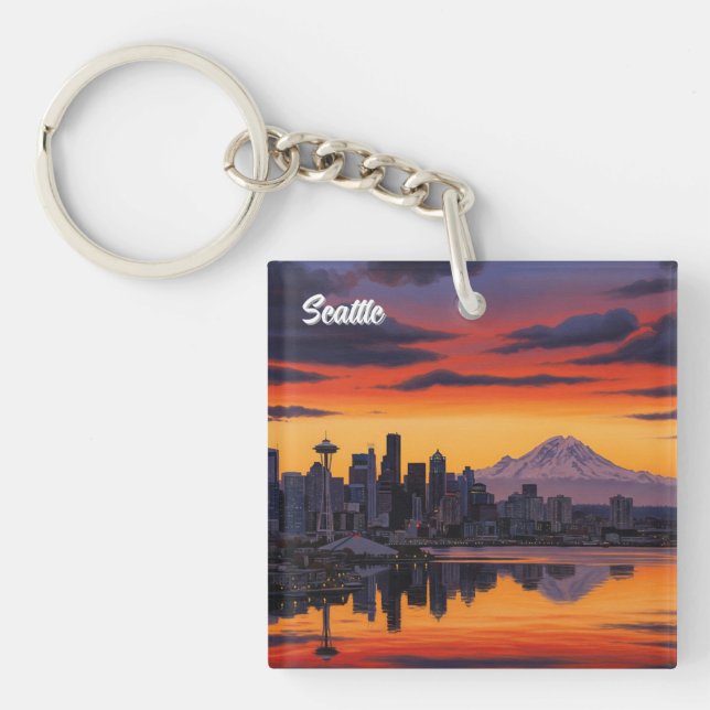 Seattle Washington Mt Rainier Sunset Keychain (Front)