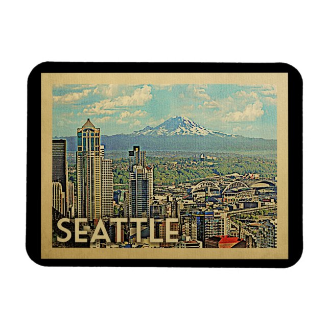 Seattle Washington Rainier Skyline Vintage Travel Magnet (Horizontal)