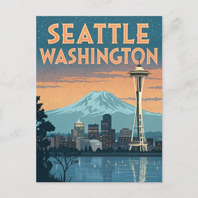 Seattle Washington Retro Skyline Postcard (Front)
