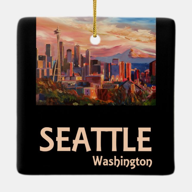 Seattle Washington Retro Travel Poster Ceramic Ornament (Back)