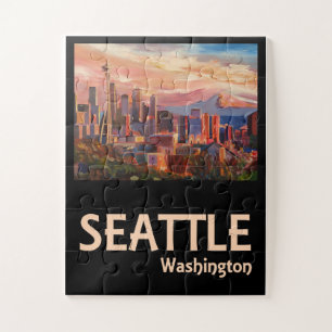 Seattle Washington Retro Travel Poster Jigsaw Puzzle