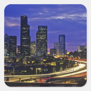 Seattle, Washington skyline at night Square Sticker
