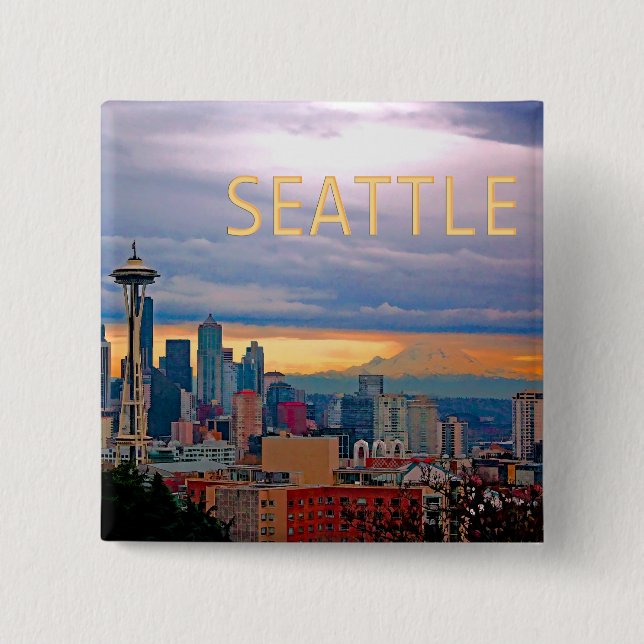 Seattle Washington Skyline at Sunset TEXT SEATTLE 2 Inch Square Button (Front)
