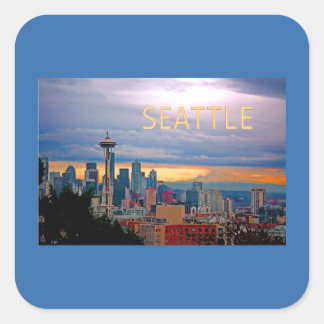 Seattle Washington Skyline at Sunset TEXT SEATTLE Square Sticker