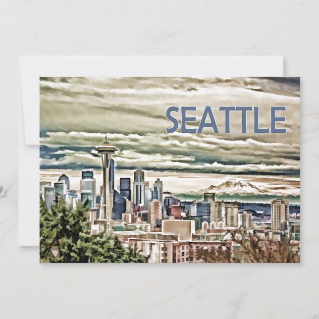 Seattle Washington Skyline in Fog and Rain Invitation (Front)