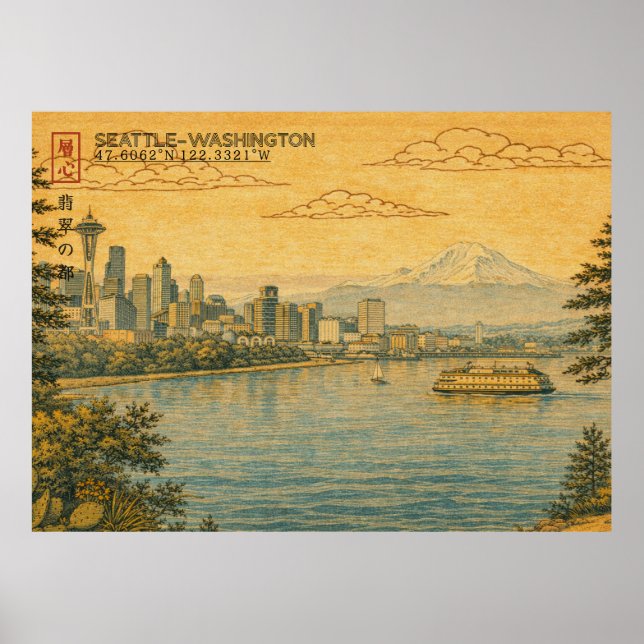 Seattle Washington Skyline in Japanese Ukiyo-e Poster (Front)