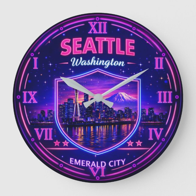 Seattle Washington Skyline Large Clock (Front)