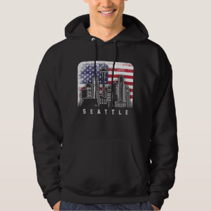 Seattle Washington Skyline Vintage American Flag Hoodie