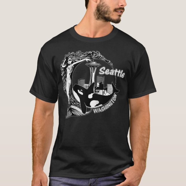 Seattle Washington Space-Needle Mermaid Orca Souve T-Shirt (Front)