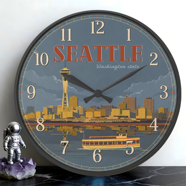 Seattle Washington Space Needle Skyline Vintage  Large Clock (Creator Uploaded)