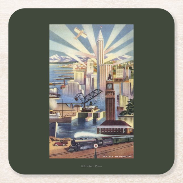 Seattle, Washington - View of Downtown Square Paper Coaster (Front)