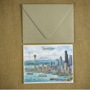 Seattle Washington Watercolor Art Travel Skyline Postcard