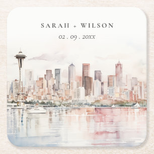 Seattle, Washington Watercolor Landscape Wedding Square Paper Coaster