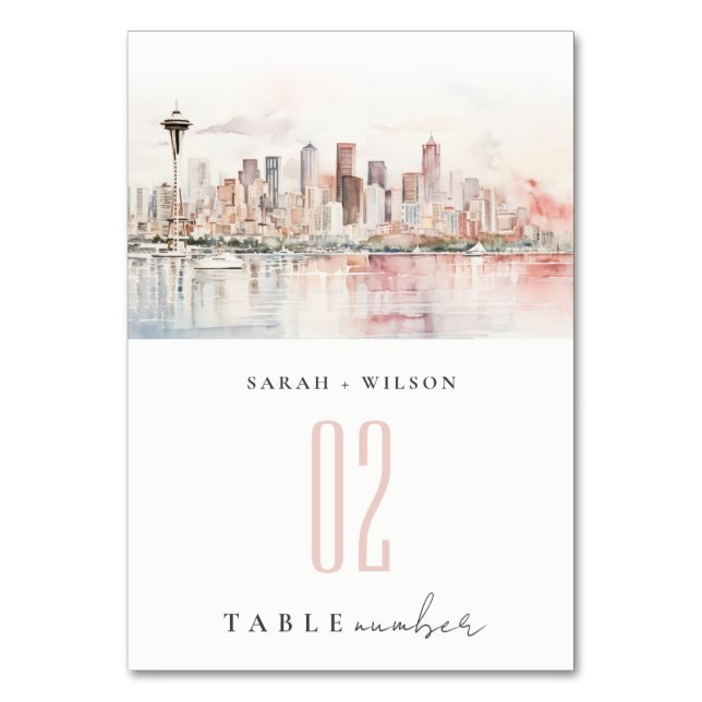 Seattle, Washington Watercolor Landscape Wedding Table Number (Front)
