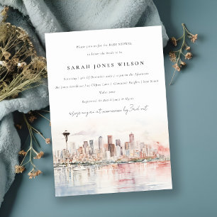 Seattle Washington Watercolor Scape Baby Shower Invitation
