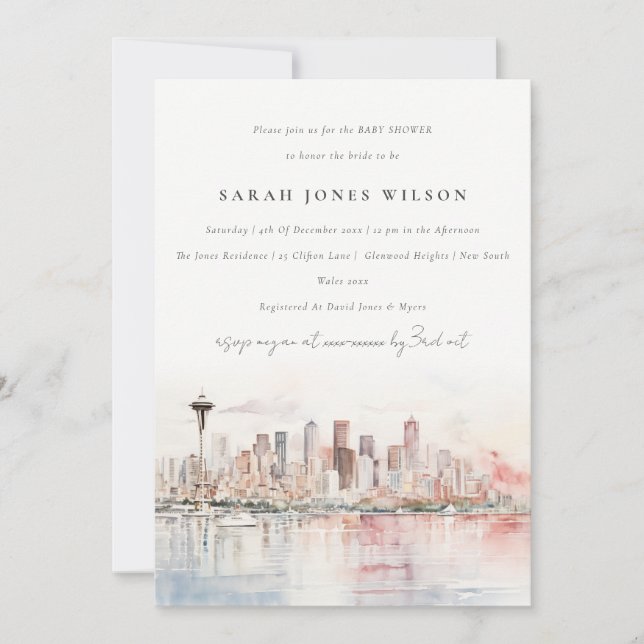 Seattle Washington Watercolor Scape Baby Shower Invitation (Front)
