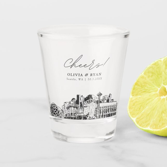 Seattle Wedding Favour Personalized Cheers Shot Glass (Front)