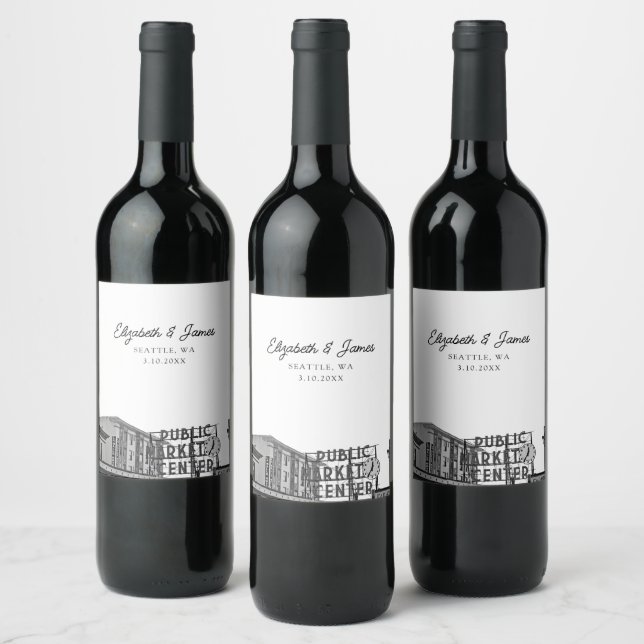 Seattle Wedding Favour Public Market Wine Label (Bottles)