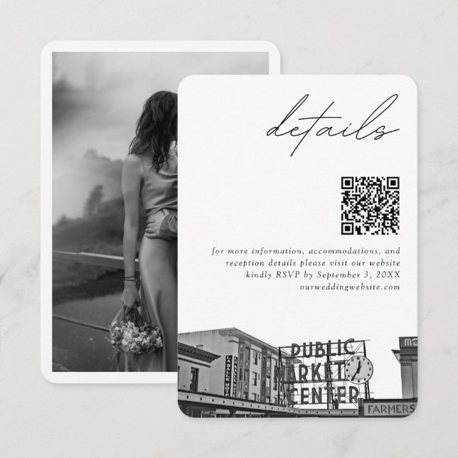 Seattle Wedding Pikes Place Details QR Code Small Enclosure Card (Front/Back)