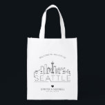 Seattle Wedding | Stylized Skyline Reusable Grocery Bag<br><div class="desc">A unique wedding bag for a wedding taking place in the beautiful city of Seattle.  This bag features a stylized illustration of the city's unique skyline with its name underneath.  This is followed by your wedding day information in a matching open lined style.</div>