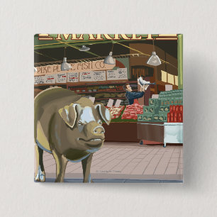 SeattleFish Toss and Bronze Pig at Pike Place 2 Inch Square Button