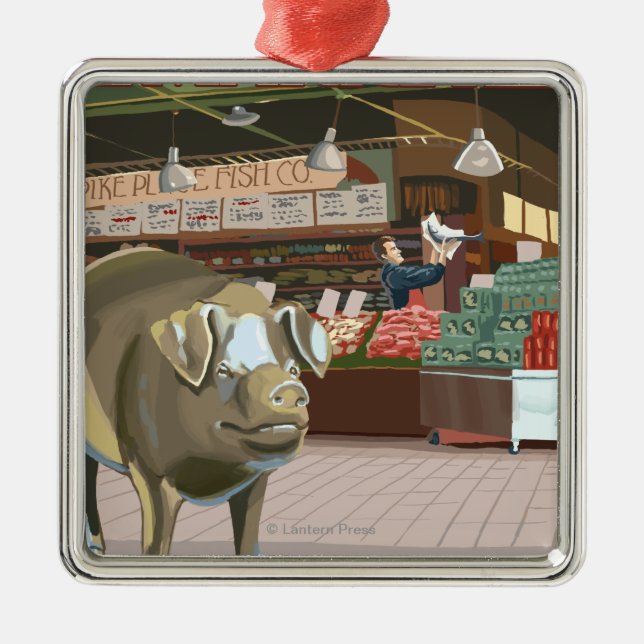 SeattleFish Toss and Bronze Pig at Pike Place Metal Ornament (Front)