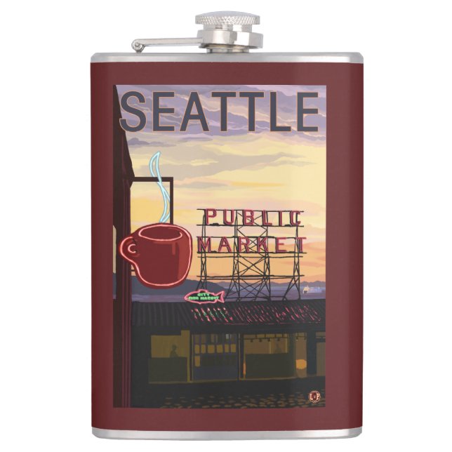 SeattlePike Place Market Sign and Water View Hip Flask (Front)