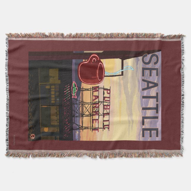 SeattlePike Place Market Sign and Water View Throw Blanket (Front)