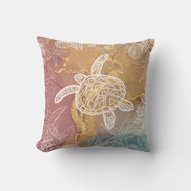 Seaturtle Starfish Beach Seashell Pattern Throw Pillow (Front)