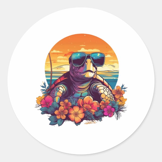 Seaturtle with sunglasses at the beach classic round sticker (Front)
