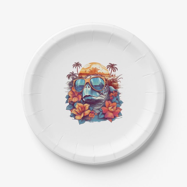 Seaturtle with sunglasses at the beach Copy Paper Plate (Front)
