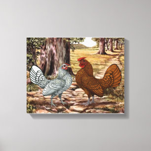 Sebright Hen and Rooster in a Wooded Setting Canvas Print