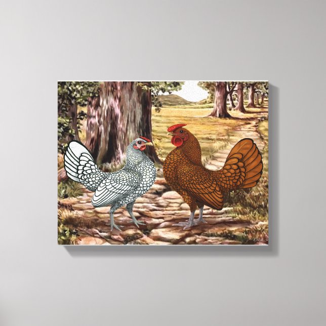 Sebright Hen and Rooster in a Wooded Setting Canvas Print (Front)