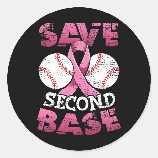 Second 2nd Base Fun Baseball Breast Cancer Awarene Classic Round Sticker (Front)
