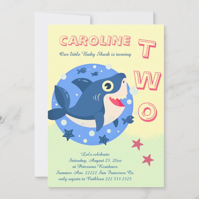 Second birthday baby shark under the sea yellow invitation (Front)
