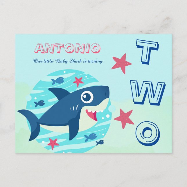 Second birthday cute baby shark under the sea blue invitation postcard (Front)